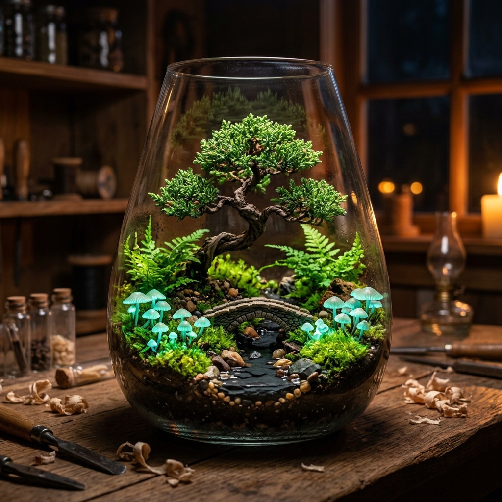 A gorgeous miniature glass terrarium featuring glowing green moss, a tiny tree, and whimsical glowing mushrooms