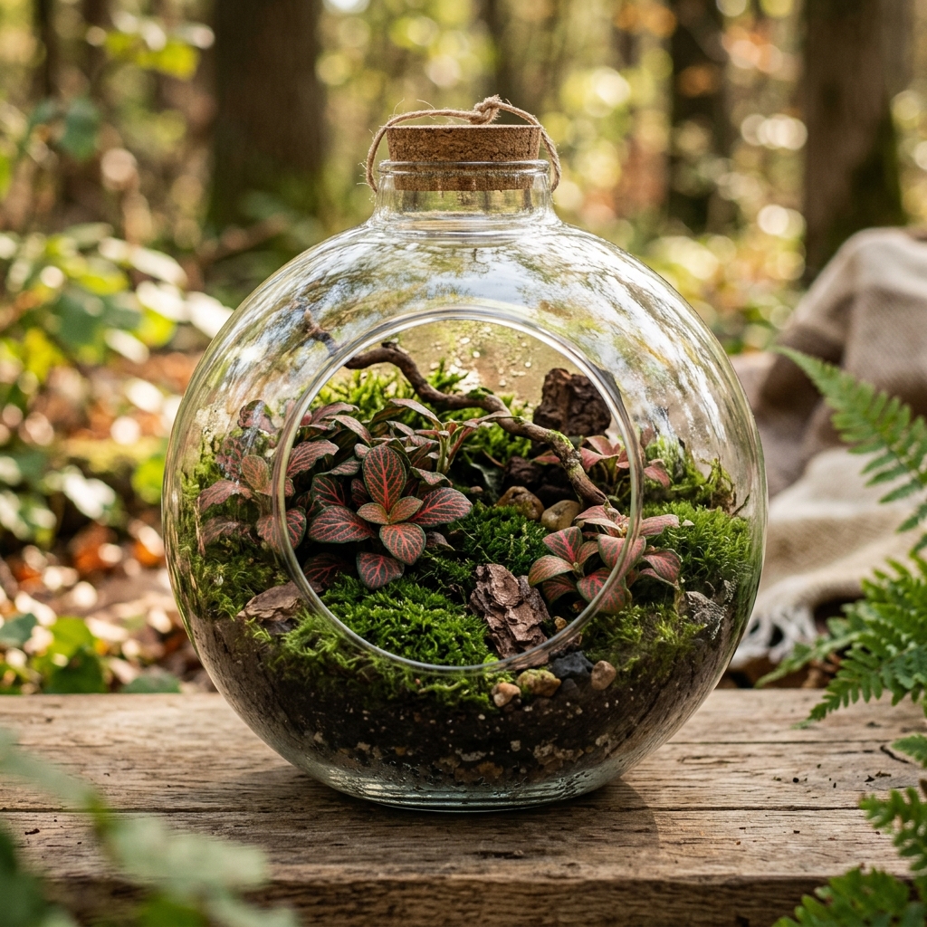 Circular forest glass orb terrarium kit with fittonia plants and bark elements