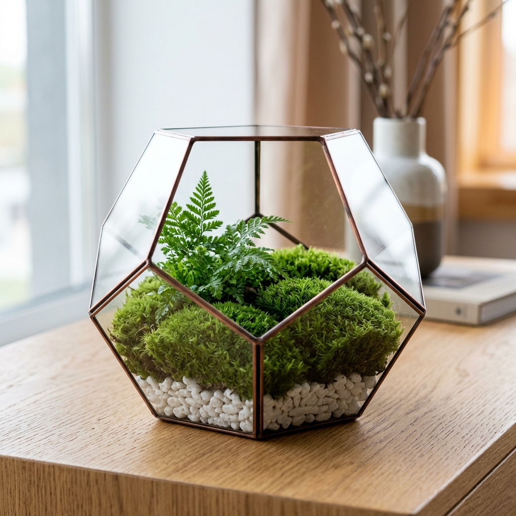 Geometric glass prism terrarium kit with premium cushion moss and neat white pebbles