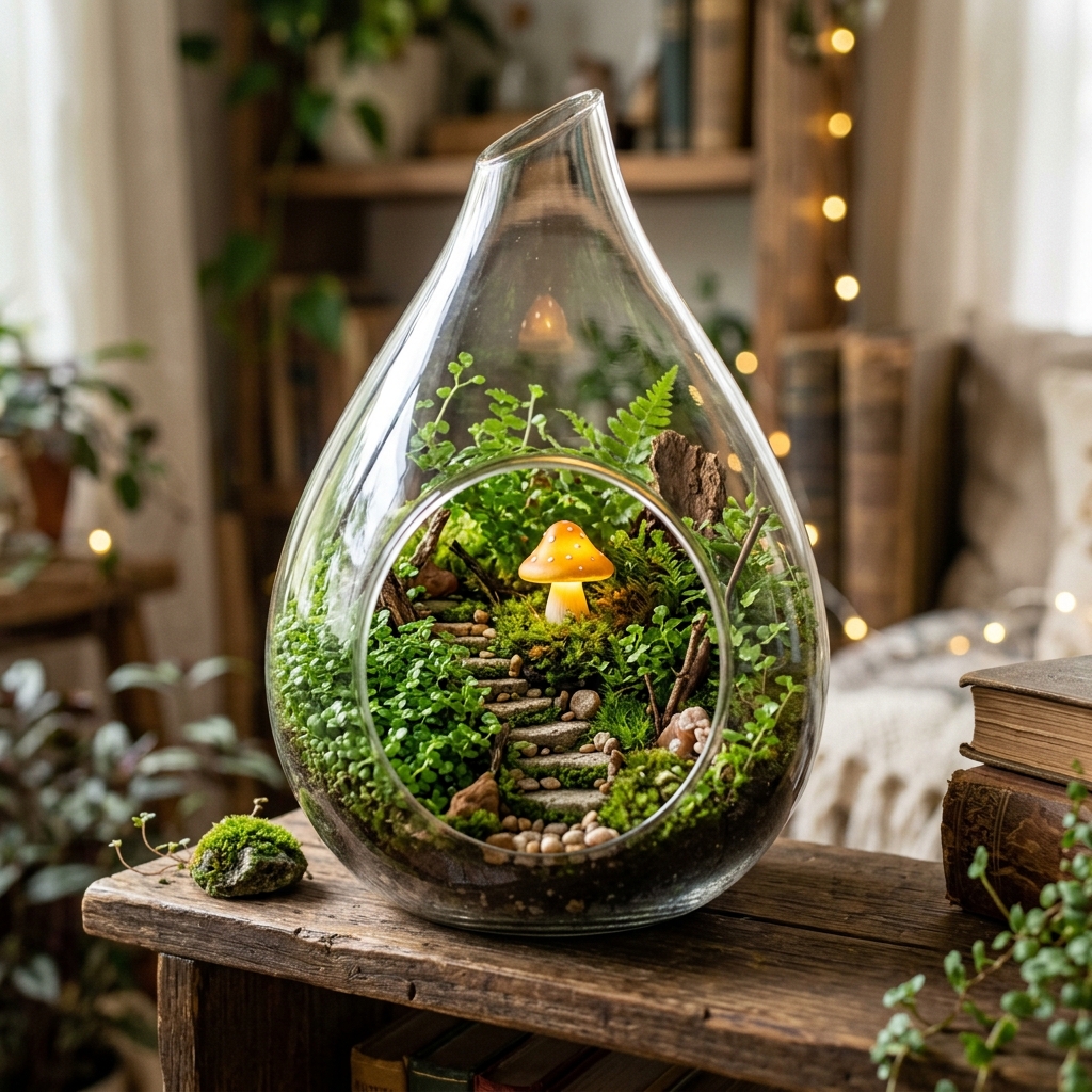 Teardrop glass terrarium featuring miniature baby tears plants and tiny stone stairs